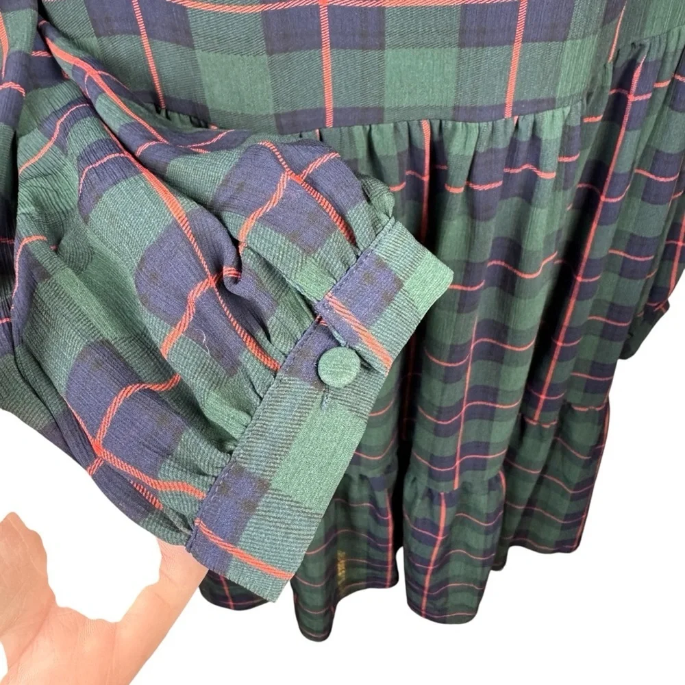 J.Crew Tartan Plaid Tiered Dress XL Green Blue Ruffle Tie Neck Long Sleeve